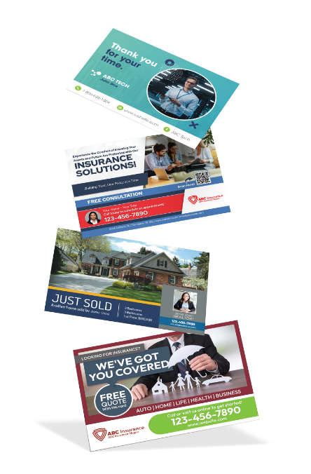 stack of marketing postcards in the air